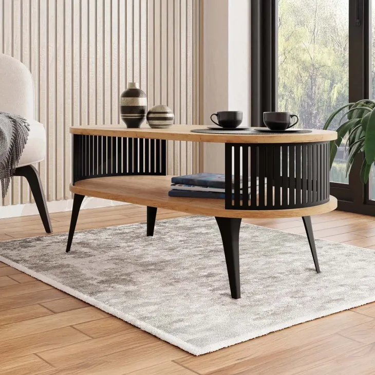 Tavolino da salotto 100x50cm ovale con ripiano rovere nero Valeris