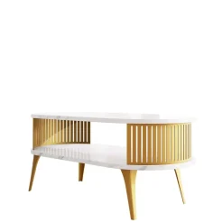 Tavolino da salotto 100x50cm ovale con ripiano effetto marmo bianco dorato Valeris