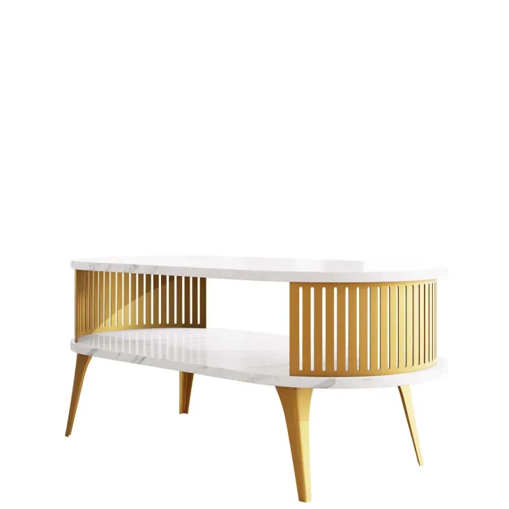 Tavolino da salotto 100x50cm ovale con ripiano effetto marmo bianco dorato Valeris