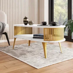 Tavolino da salotto 100x50cm ovale con ripiano effetto marmo bianco dorato Valeris