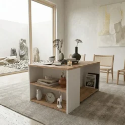 Tavolino da salotto 90x59cm 2 ripiani bianco rovere rustico Luzon