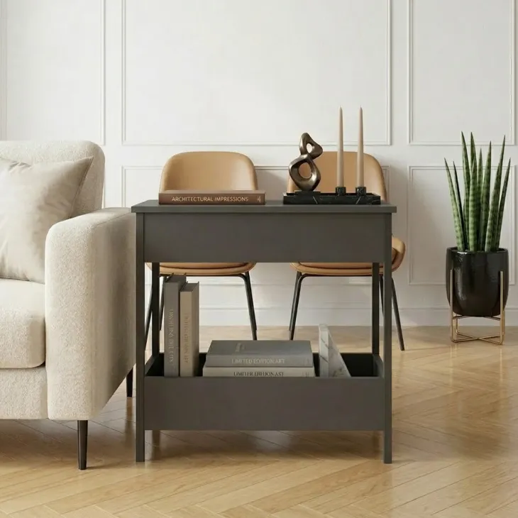 Tavolino da salotto 70x35cm 2 ripiani industrial metallo antracite Loft