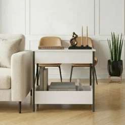 Tavolino da salotto 70x35cm 2 ripiani industrial metallo bianco Loft