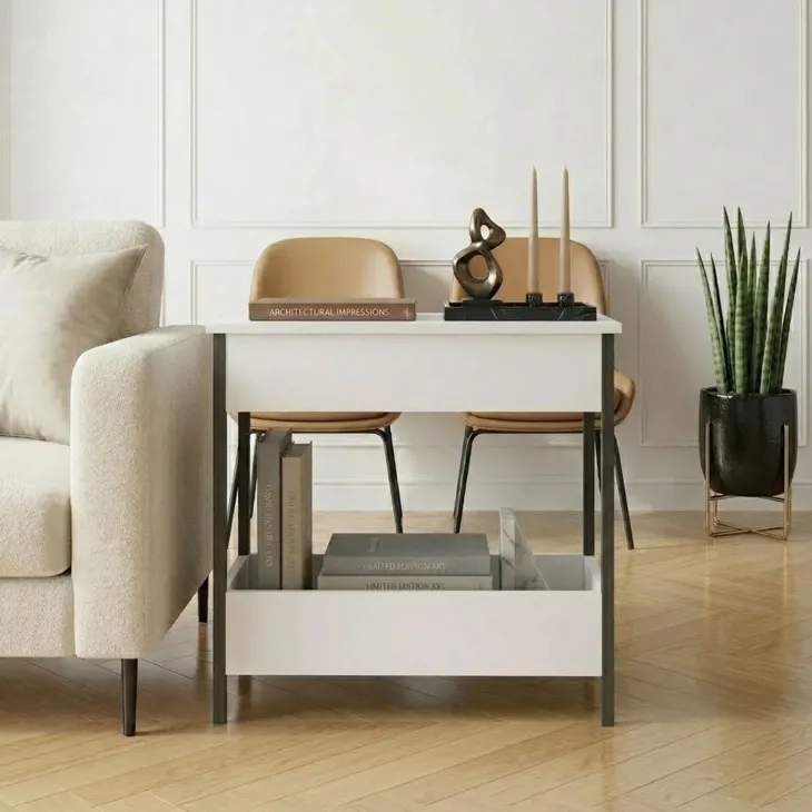 Tavolino da salotto 70x35cm 2 ripiani industrial metallo bianco Loft