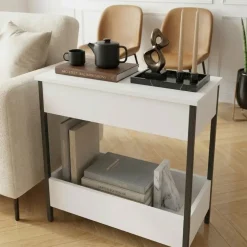 Tavolino da salotto 70x35cm 2 ripiani industrial metallo bianco Loft