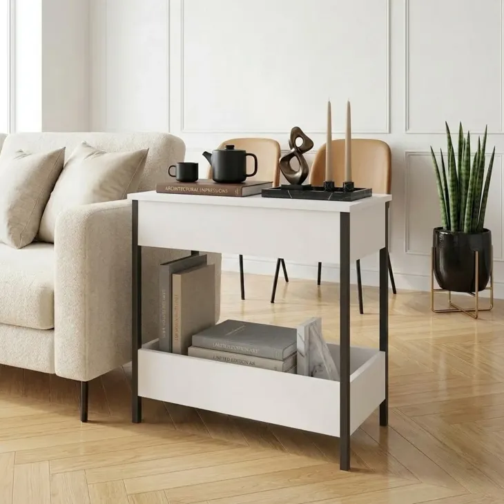 Tavolino da salotto 70x35cm 2 ripiani industrial metallo bianco Loft