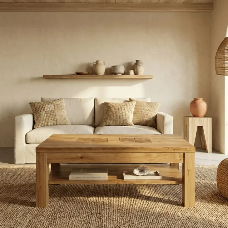 Tavolino da salotto 118x70cm 1 ripiano a vista legno massello quercia Ebania