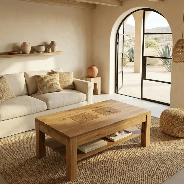 Tavolino da salotto 118x70cm 1 ripiano a vista legno massello quercia Ebania