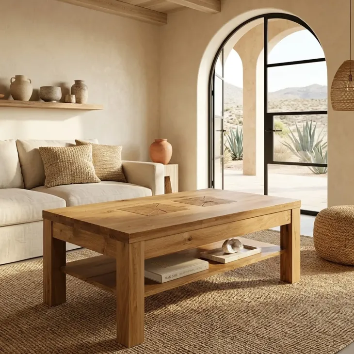 Tavolino da salotto 118x70cm 1 ripiano a vista legno massello quercia Ebania