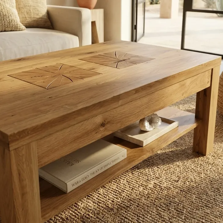 Tavolino da salotto 118x70cm 1 ripiano a vista legno massello quercia Ebania