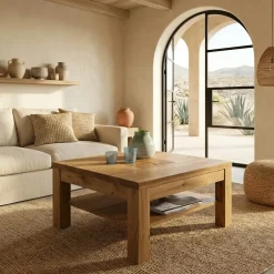 Tavolino da salotto 70x70cm 1 ripiano a vista legno massello quercia Ebania