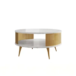 Tavolino da salotto 75x75cm rotondo con ripiano effetto marmo bianco dorato Valeris