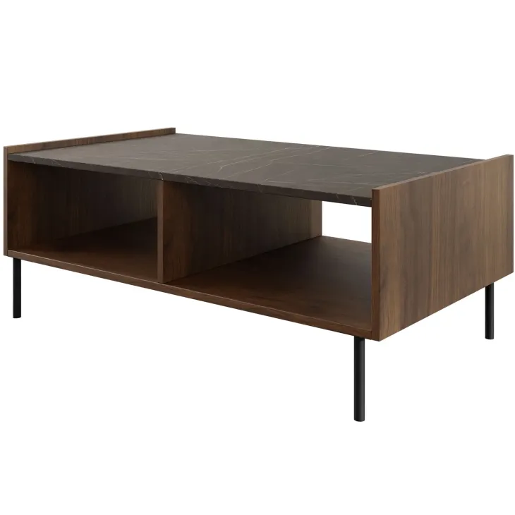 Tavolino da salotto 97x60cm 2 vani a giorno piano effetto marmo nero noce Caliva