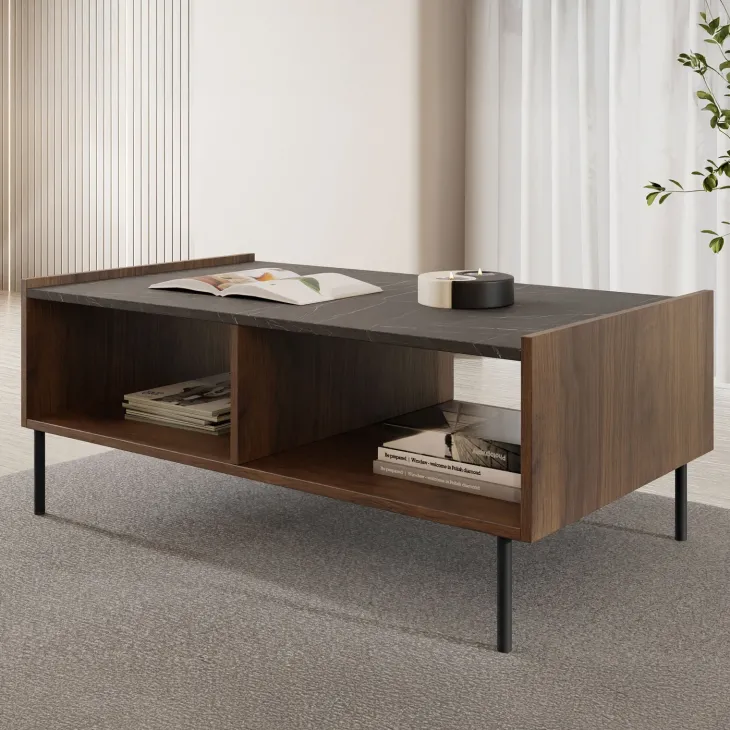 Tavolino da salotto 97x60cm 2 vani a giorno piano effetto marmo nero noce Caliva