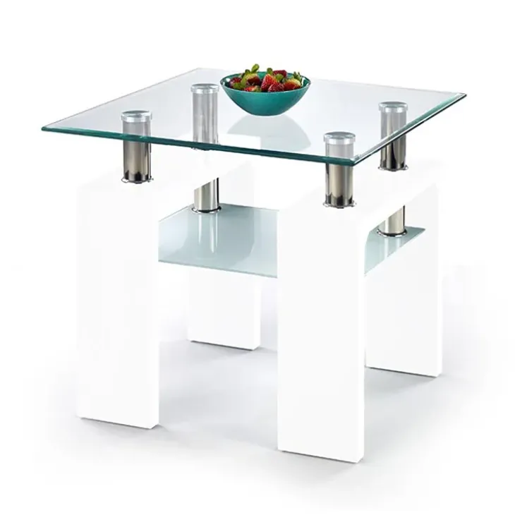 Tavolino 60x60cm con ripiano in vetro bianco acciaio Herman