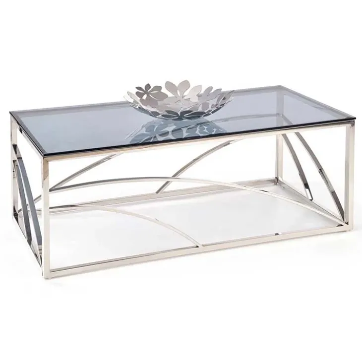 Tavolino 120x60cm da salotto vetro acciaio cromato Cuvel Silver