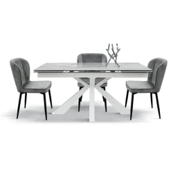Tavolo allungabile 160/240 piano lucido in ceramica effetto marmo e base metallo bianco Ray