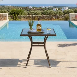 Tavolo da giardino con vetro 70x70cm rattan marrone Cubby