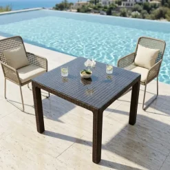 Tavolo da giardino esterno bar dehors 90x90cm polipropilene effetto rattan marrone e vetro Claro