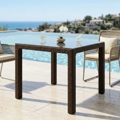 Tavolo da giardino esterno bar dehors 90x90cm polipropilene effetto rattan marrone e vetro Claro