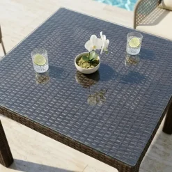 Tavolo da giardino esterno bar dehors 90x90cm polipropilene effetto rattan marrone e vetro Claro
