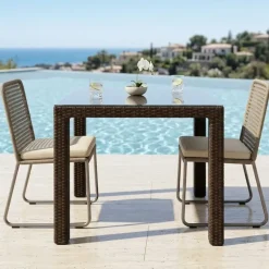 Tavolo da giardino esterno bar dehors 90x90cm polipropilene effetto rattan marrone e vetro Claro
