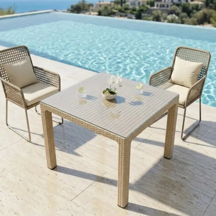 Tavolo da giardino esterno bar dehors 90x90cm polipropilene effetto rattan tortora e vetro Claro