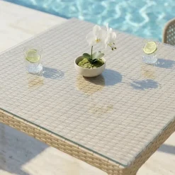 Tavolo da giardino esterno bar dehors 90x90cm polipropilene effetto rattan tortora e vetro Claro