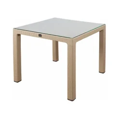 Tavolo da giardino esterno bar dehors 90x90cm polipropilene effetto rattan tortora e vetro Claro