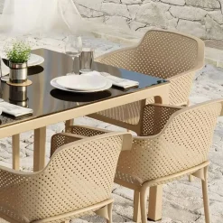 Tavolo da giardino 90x90cm esterno dehors con piano in vetro tortora Cesare