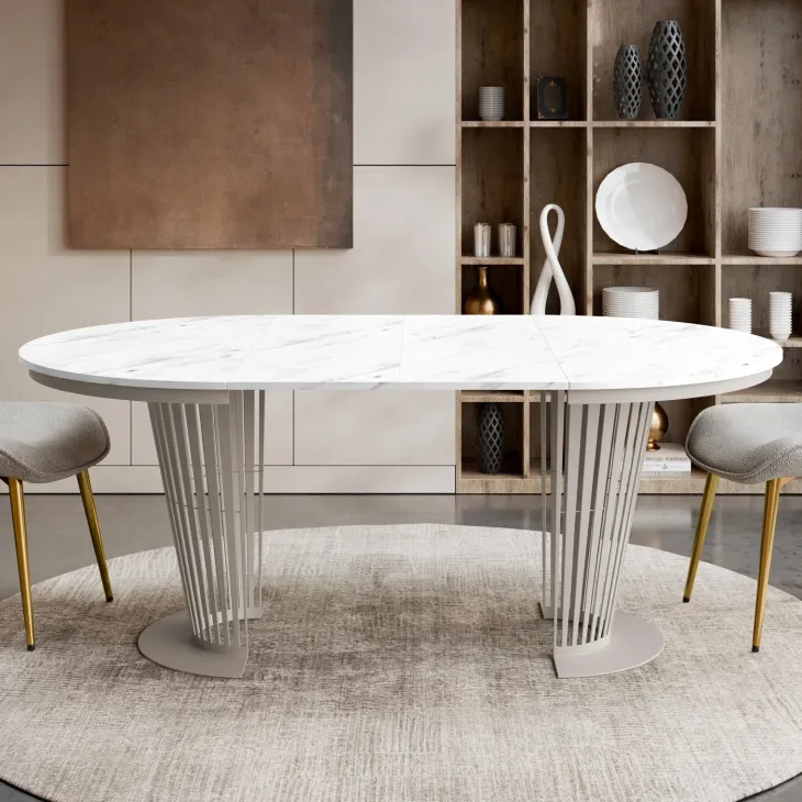 Tavolo da pranzo allungabile 100/176x100 cm rotondo industrial effetto marmo bianco metallo cashmere Monox
