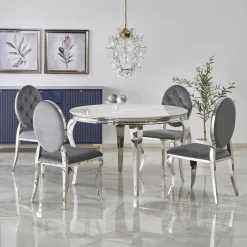 Tavolo da pranzo rotondo 120cm effetto marmo bianco cromato argento Selim