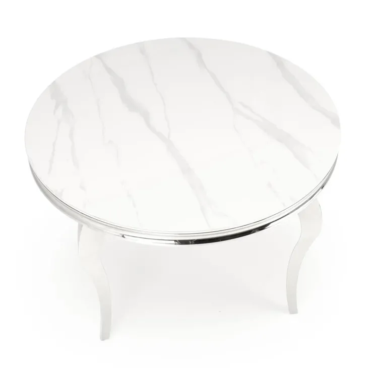 Tavolo da pranzo rotondo 120cm effetto marmo bianco cromato argento Selim