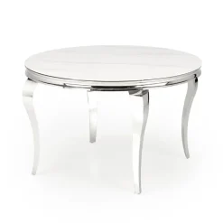 Tavolo da pranzo rotondo 120cm effetto marmo bianco cromato argento Selim