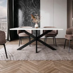 Tavolo da pranzo 160x90 cm industrial rettangolare effetto marmo bianco metallo nero Steel
