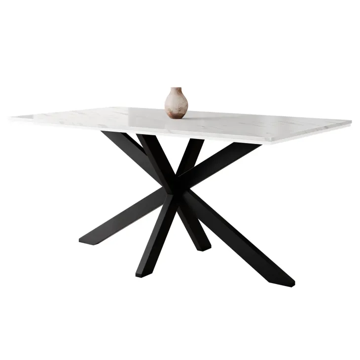 Tavolo da pranzo 160x90 cm industrial rettangolare effetto marmo bianco metallo nero Steel