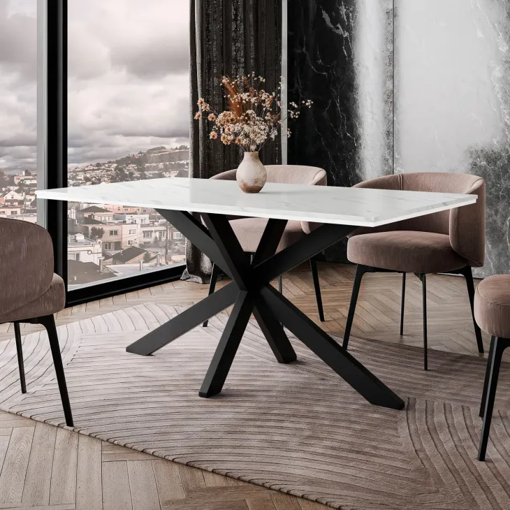 Tavolo da pranzo 160x90 cm industrial rettangolare effetto marmo bianco metallo nero Steel