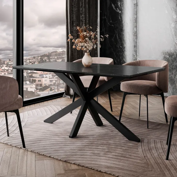 Tavolo da pranzo 160x90 cm industrial rettangolare effetto marmo nero metallo nero Steel