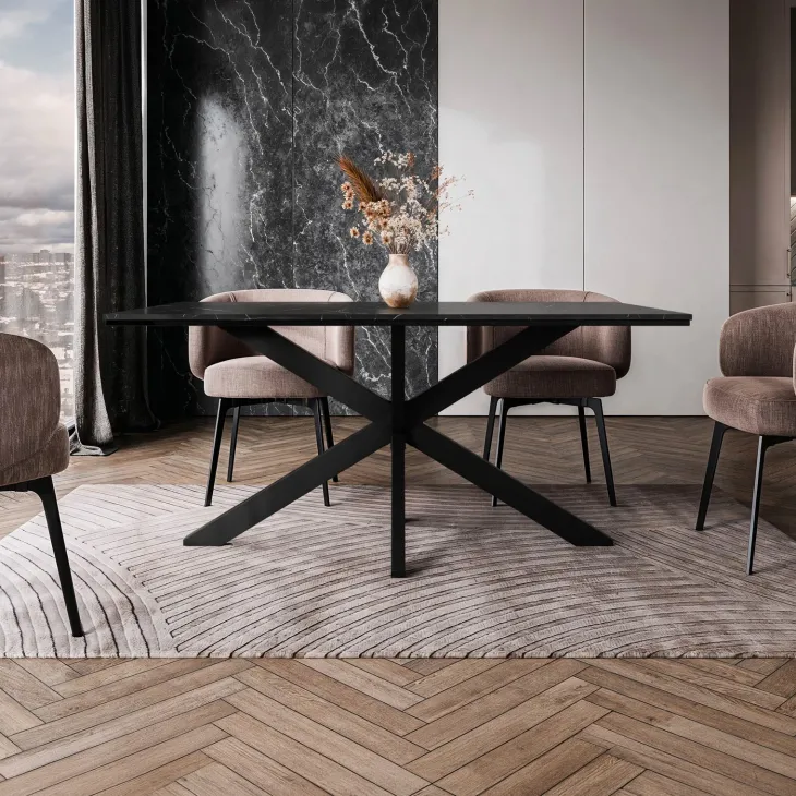 Tavolo da pranzo 160x90 cm industrial rettangolare effetto marmo nero metallo nero Steel