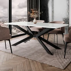 Tavolo da pranzo 190x90 cm industrial rettangolare effetto marmo bianco metallo nero Axon