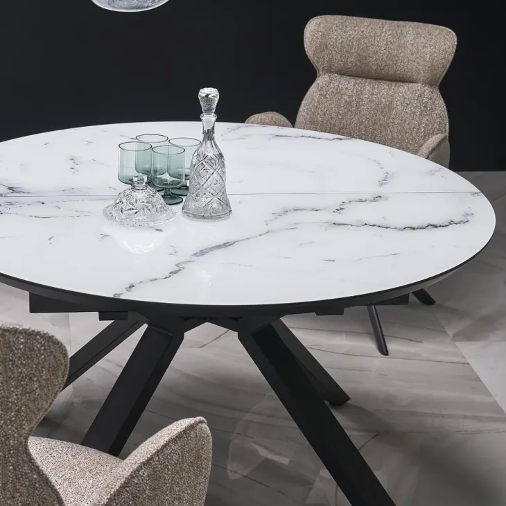 Tavolo rotondo allungabile 130/180cm vetro effetto marmo bianco nero Galact