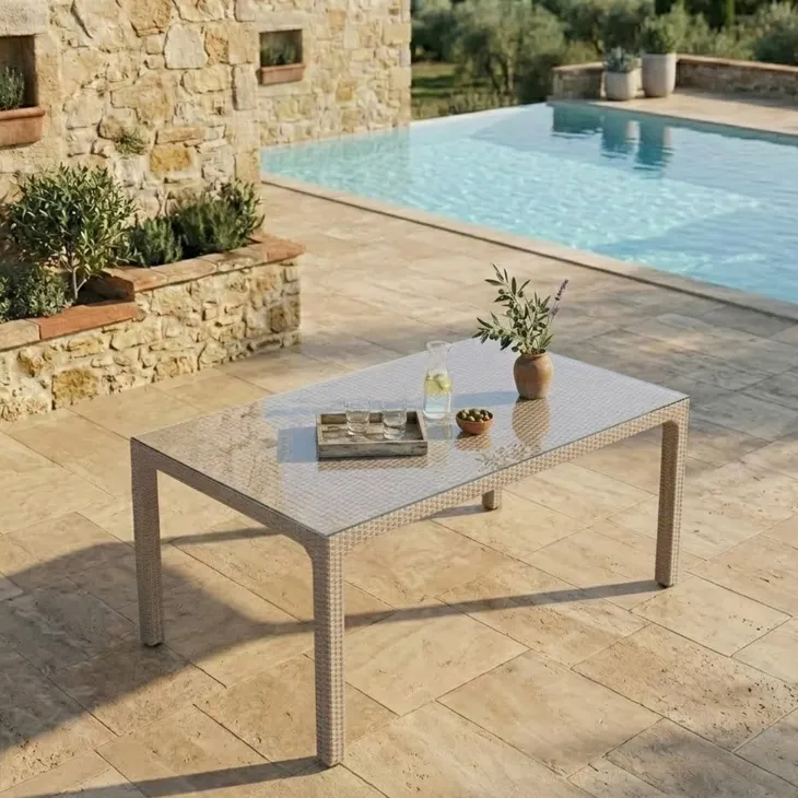 Tavolo 150x90cm da giardino esterno bar dehors polipropilene effetto rattan tortora e vetro Ezio