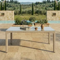 Tavolo 150x90cm da giardino esterno bar dehors polipropilene effetto rattan tortora e vetro Ezio