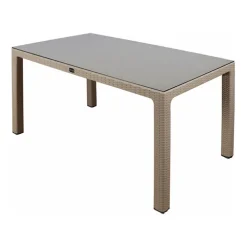 Tavolo 150x90cm da giardino esterno bar dehors polipropilene effetto rattan tortora e vetro Ezio
