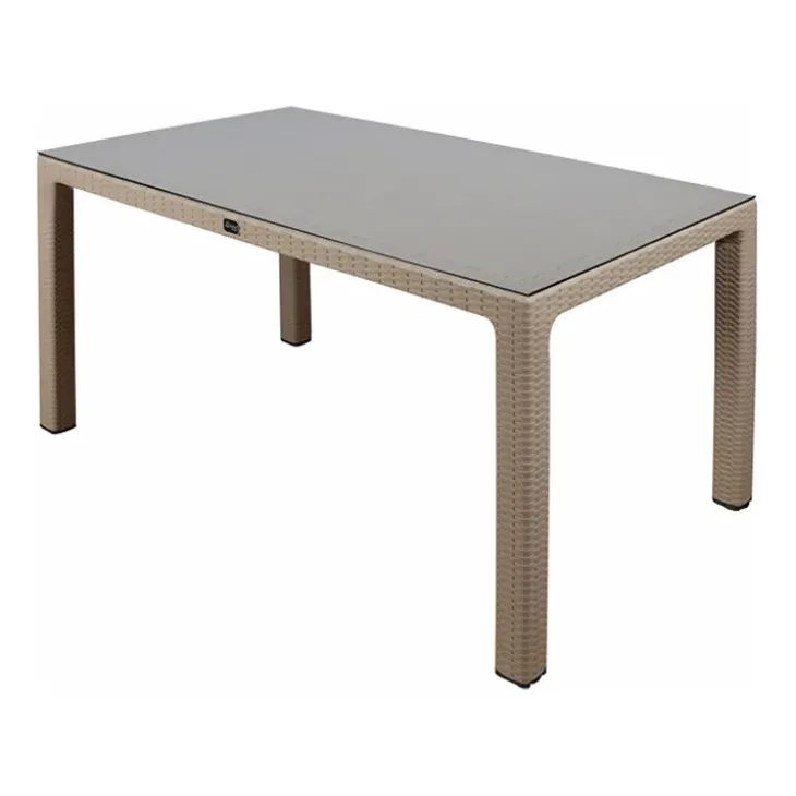 Tavolo 150x90cm da giardino esterno bar dehors polipropilene effetto rattan tortora e vetro Ezio