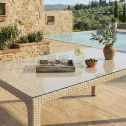 Tavolo 150x90cm da giardino esterno bar dehors polipropilene effetto rattan tortora e vetro Ezio