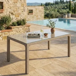 Tavolo 150x90cm da giardino esterno bar dehors polipropilene effetto rattan tortora e vetro Ezio