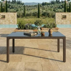 Tavolo 150x90cm da giardino esterno bar dehors polipropilene effetto rattan marrone e vetro Ezio