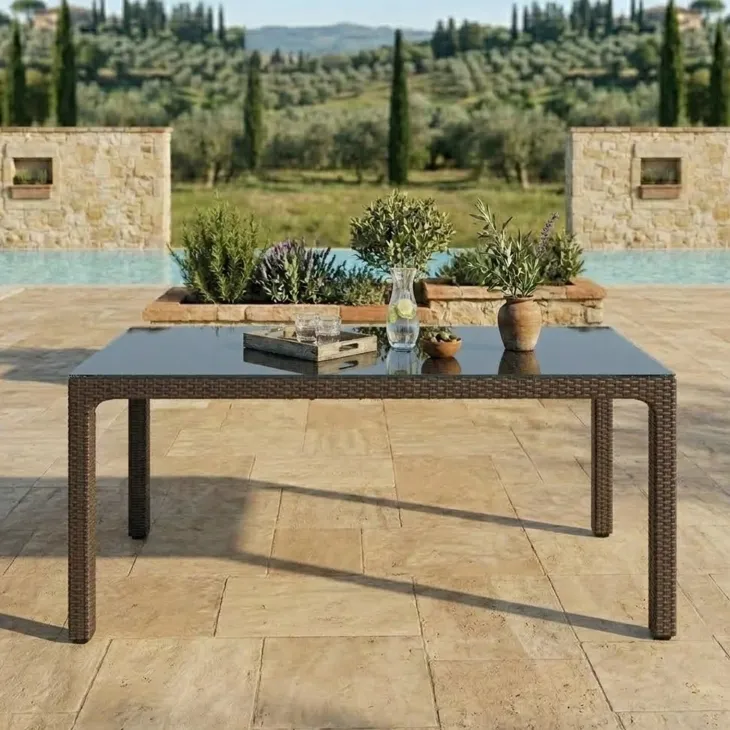 Tavolo 150x90cm da giardino esterno bar dehors polipropilene effetto rattan marrone e vetro Ezio
