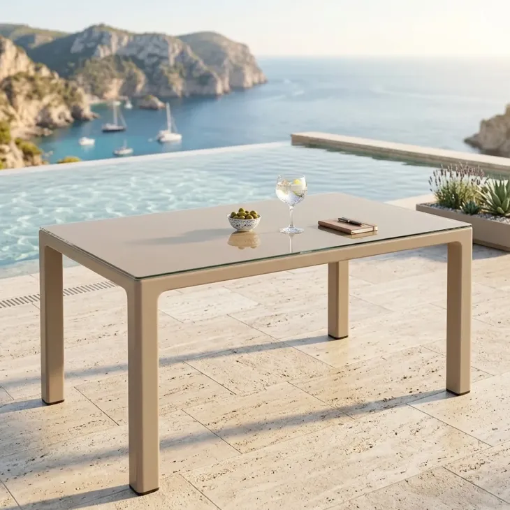 Tavolo 150x90cm da giardino esterno bar dehors tortora con vetro Teodoro
